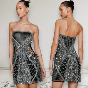 NEW NASTY GAL Bandeau Sequin Lace Up Cut Out Mini Dress Size 8